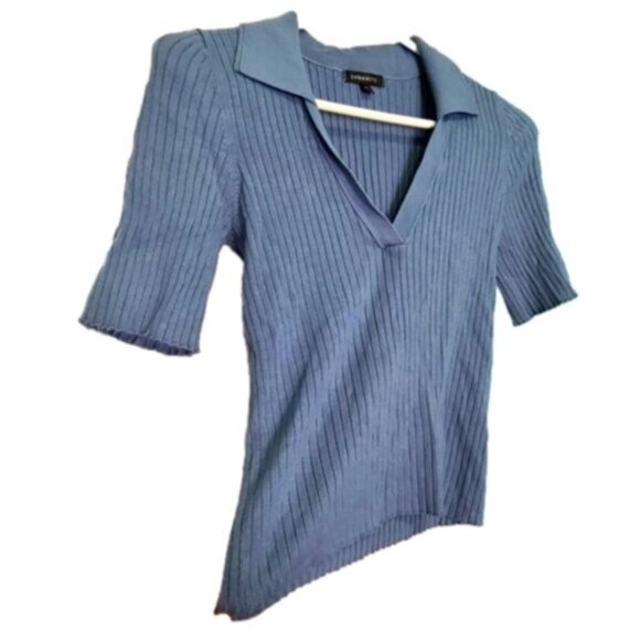 DYNAMITE Blue Collared VNeck Short Sleeve Ribbed Knit Academia Prep Sweater - Picture 1 of 7